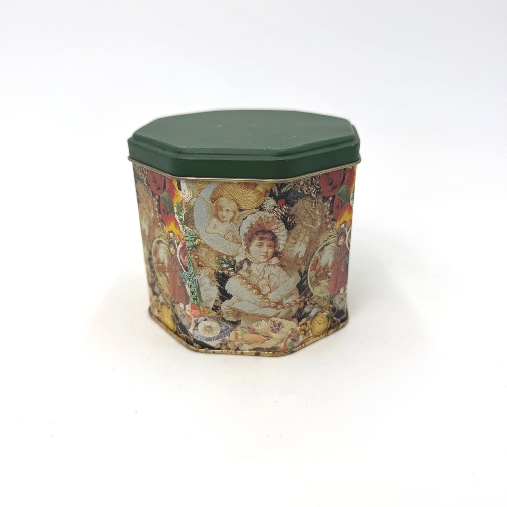 Vintage Victorian Style Octagonal Metal‎ Tin Green Lid Children Angels Collage